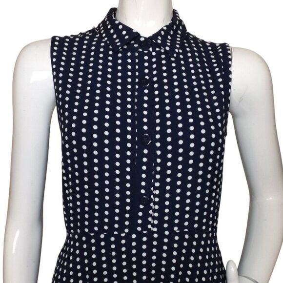LESLIE FAY Dress, 10, Navy/White Polka Dots, Sleeveless/Collar, Side Zip - Picture 2 of 13